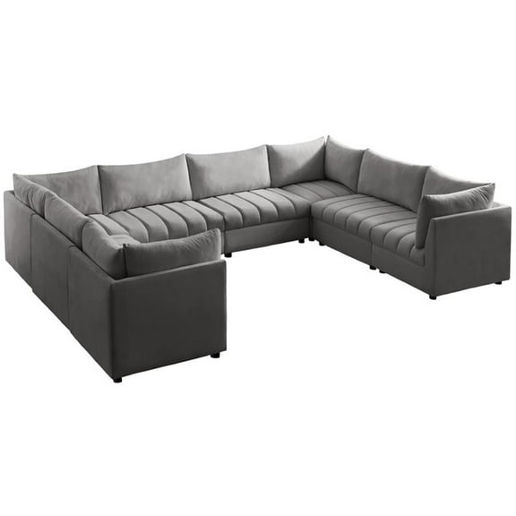 Maklaine Contemporary Velvet Modular Sectional with Deep Channel Tufting in Gray