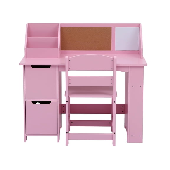 Kids Desk and Chair Set, Wooden Study Table with Storage Shelf, Bulletin Board for Children 3-8,Pink