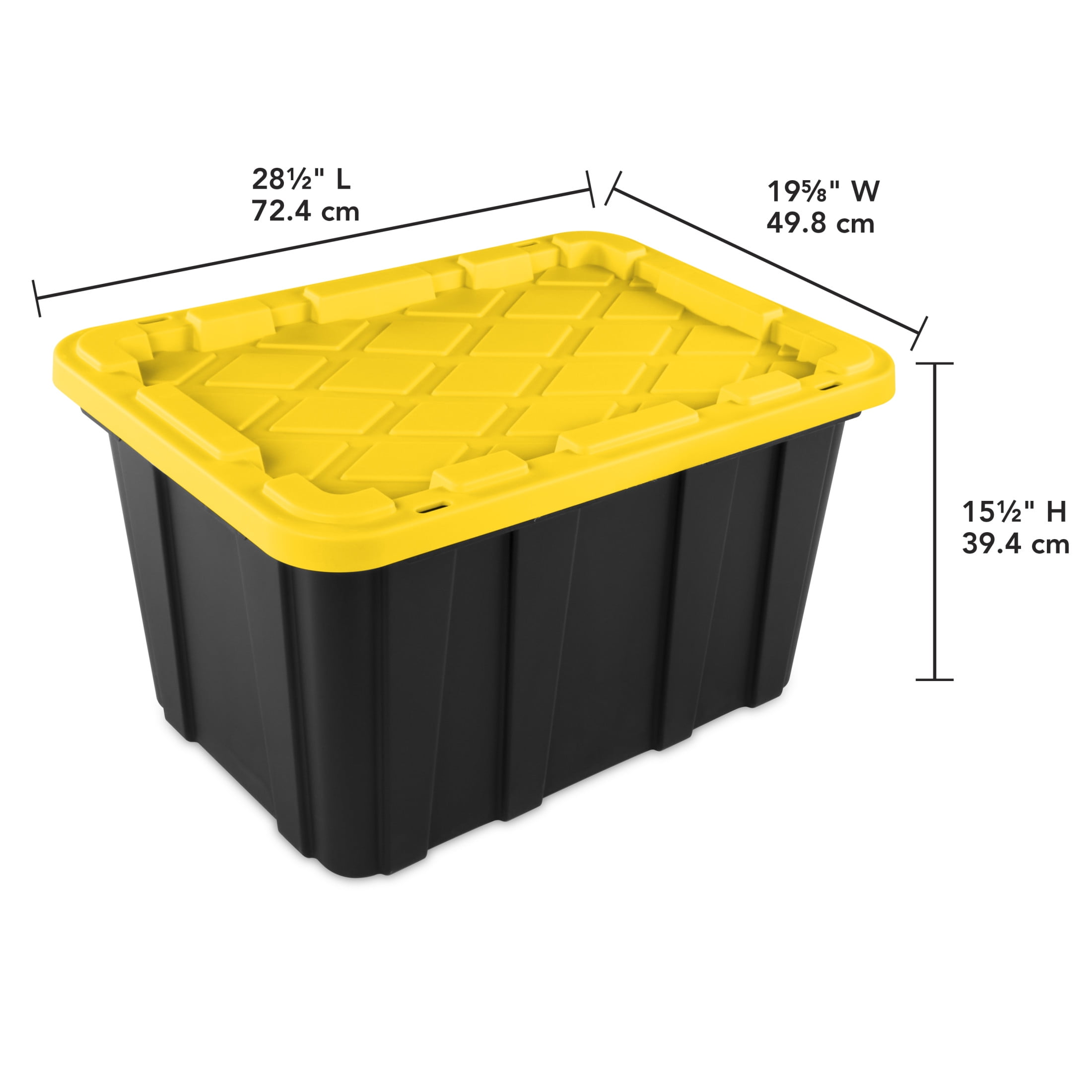 Sterilite Large Storage Bin, 27 Gallon Durable Plastic Storage Tote with Snap-On Lid, Black and Yellow, 6 Pack