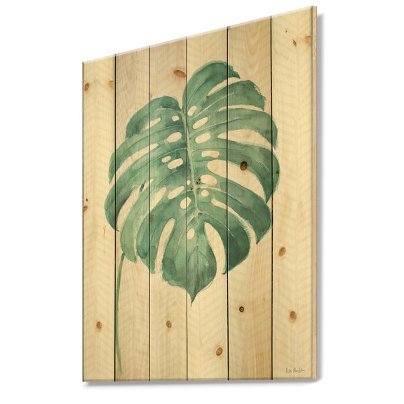 Designart 'Botanical Mixed Green Leaves VI' Cottage Print on Natural Pine Wood