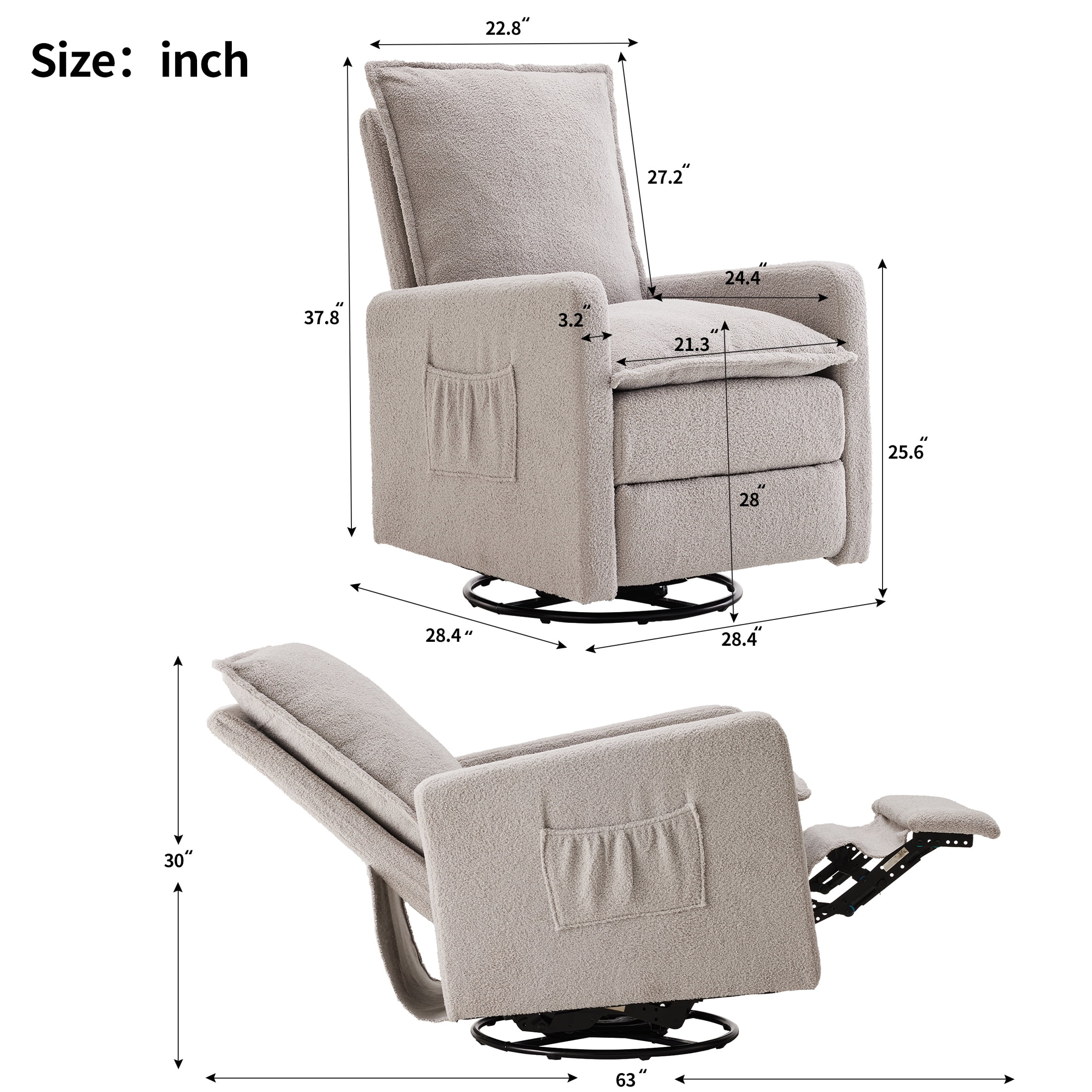 Gelloan Upholstered Swivel Glider and Recliner Nursery Chair, Light Gray