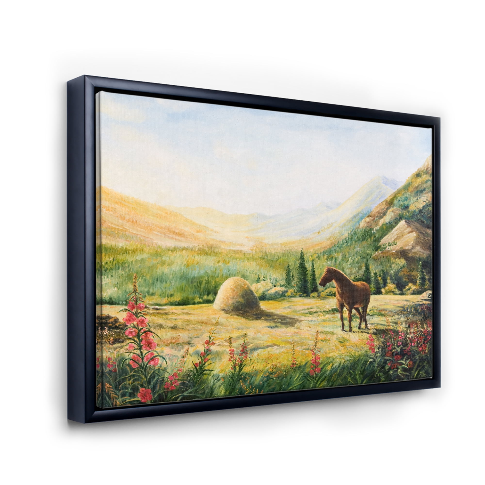 Designart 'Sunrise In The Mountains With Horse' Farmhouse Framed Canvas Wall Art Print