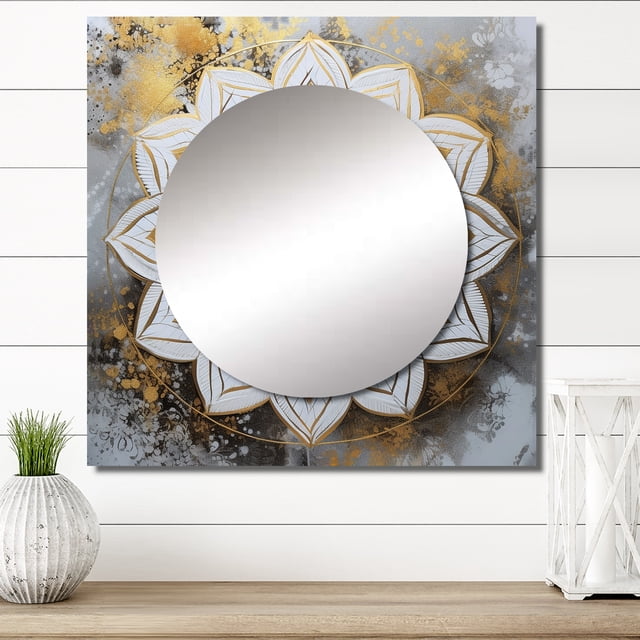 Designart "White and Gold Mandala Radiance V" Boho Mandala Square Mirror For Wall Decor - Large White Square Printed Wall Mirror Art - Square Traditional Mirror - Wall Mounted Square Large Mirror