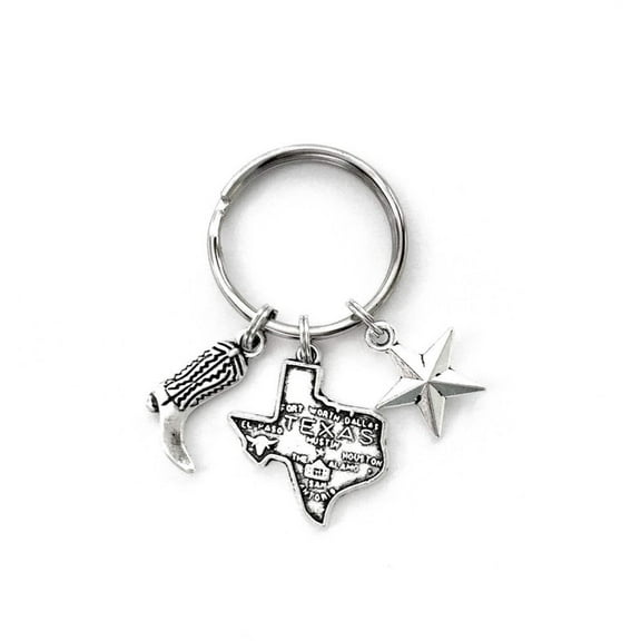 Texas themed keychain. Includes State of Texas, Lone Star, and Cowboy Boot charms. Dallas, Houston, Austin, San Antonio Gift.