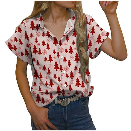 

Bospose Christmas Sweatshirt Short Sleeve Crop Top Corset Top Pink Top Women S Fashion Tops Turndown Collar Print Casual Short Shirts Blouse Lady Lapel Shirt M