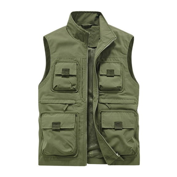 VSSSJ Men's Fall Winter Fleece Waistcoats Big and Tall Solid Color Zip Up Sleeveless Stand Collar Vest Casual Quick Dry Hiking Vest with Multi-Bag Army Green XXXXXL