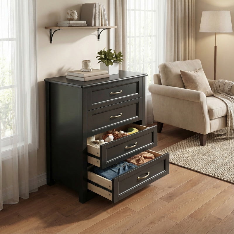 4 Drawer Dresser for Bedroom, Engineered Wooden Chest of Drawers with Sleek Metal Handles for Living Room - Black
