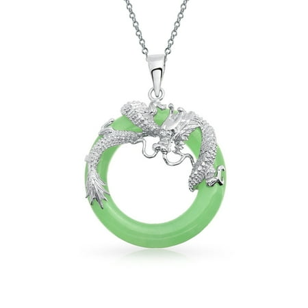 - Asian Style Dragon Round Open Circle Disc Dyed Green Jade Pendant 925 Sterling Silver Necklace For Women 18 Inch
