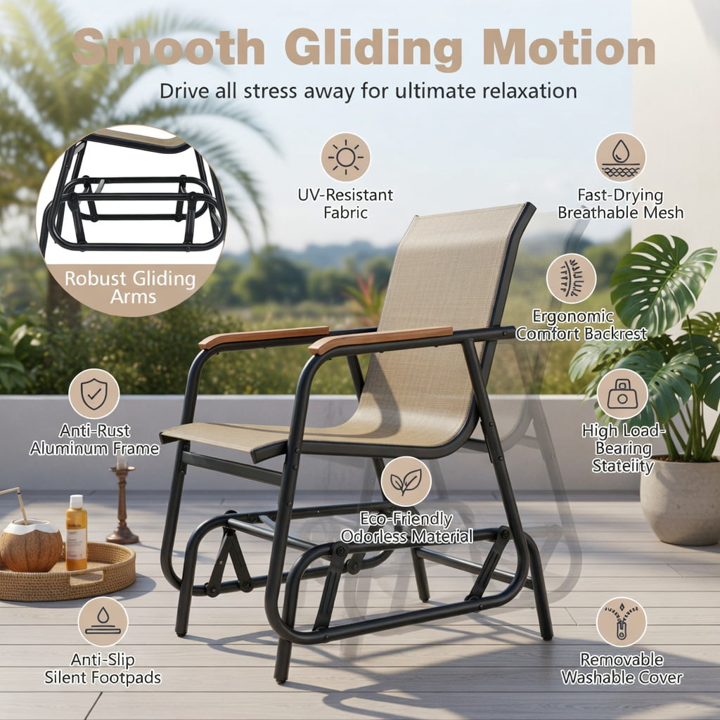 Hommoo 3-Piece Outdoor Glider Bistro Set, Metal Frame with Tempered Glass Table, Teak Wood Armrests, Breathable Fabric Seating for Patio, Porch, Balcony, Brown