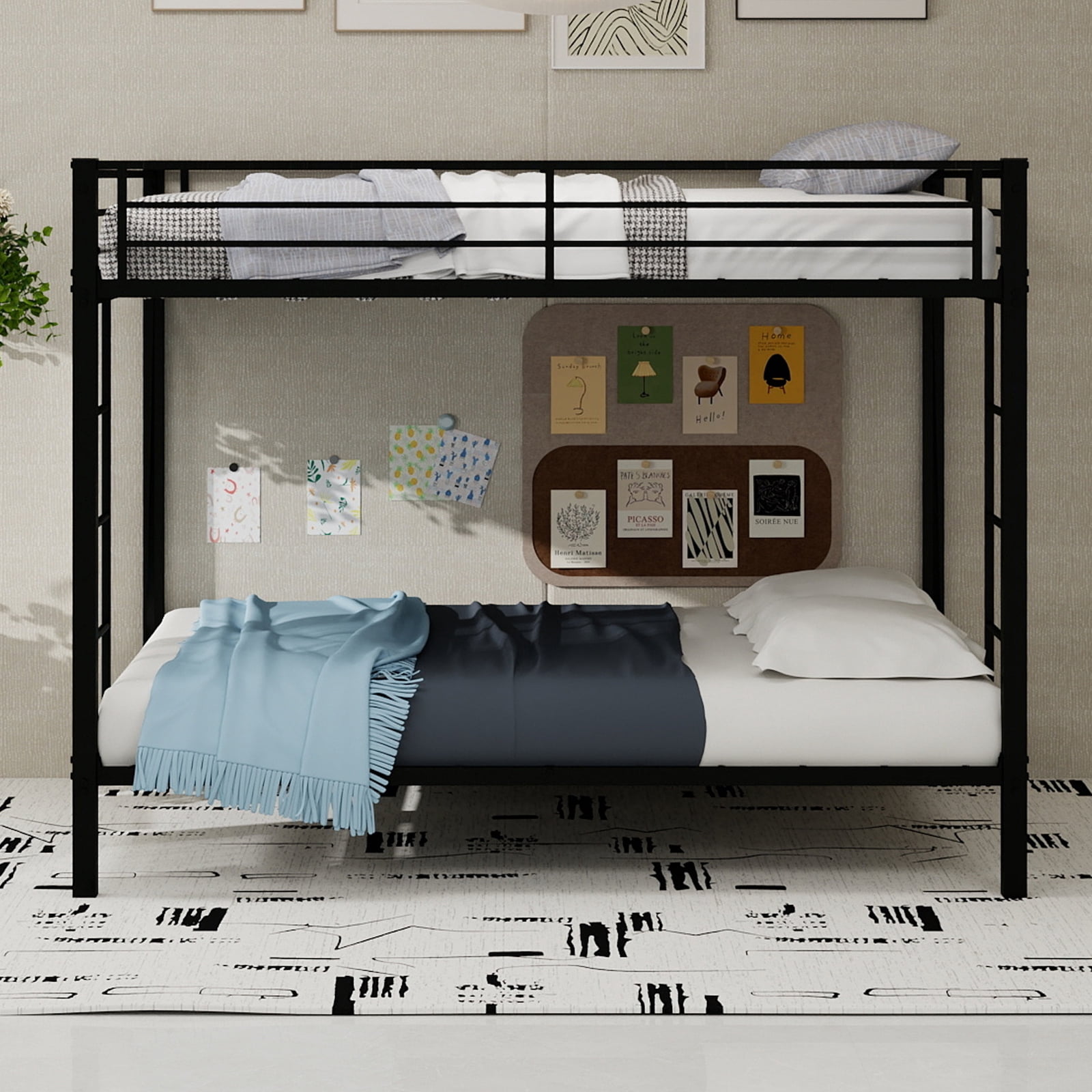 Leumius Full over Full Metal Bunk Bed Frame with Safety Rails & Ladders, Heavy-Duty Quiet Design for Teens and Adults,Black