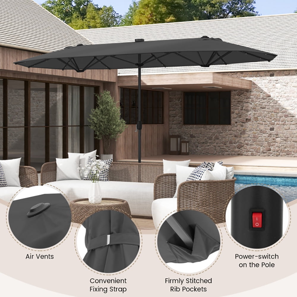 Aimee Lii 13FT Double-sided Patio Umbrella with Solar Lights for Garden Pool Backyard, Table Umbrella Outdoor Patio, Gray