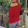 thumbnail image 6 of VJGBEGW Women Off The Shoulder Tops Oversized Short Sleeve Shirts Summer Casual Fashion Tees Red M, 6 of 9