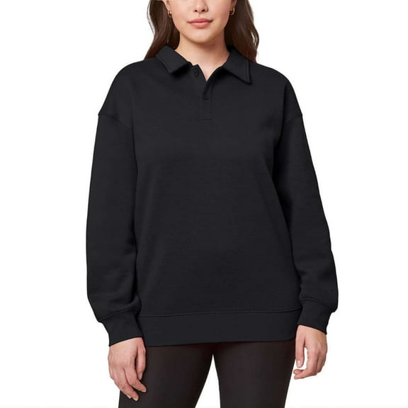 Mondetta Women's Collared Relaxed Fit Soft Fleece Sweatshirt Pullover Top-Black / S
