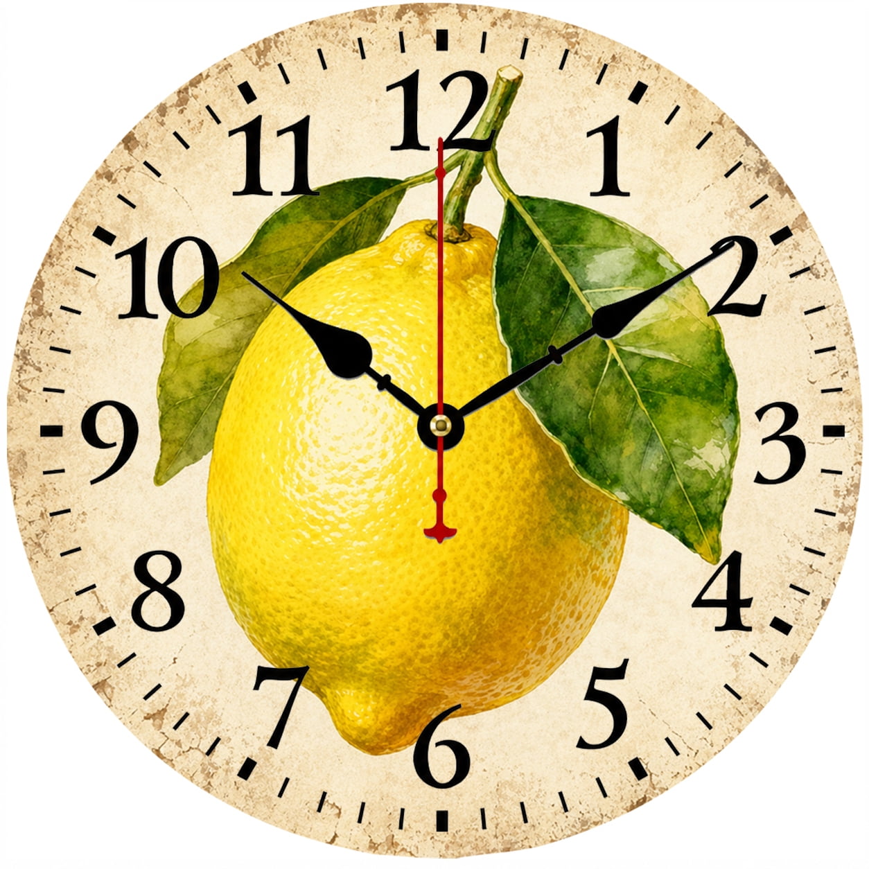 Lemon Wall Clock, 9.84 Inch Round Vintage Farmhouse Kitchen Clock with Large Arabic Numbers, Rustic Fruit Wall Decor for Kitchen, Dining Room and Living Room
