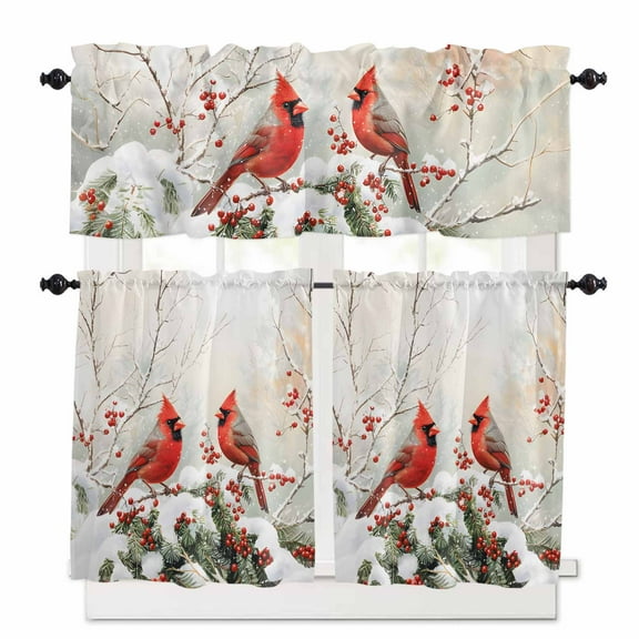 Winter Christmas Kitchen Curtains and Valances Set, Cardinal Bird Red Berry Pine Leaves Rod Pocket Window Valance 18 Inch Window Curtain Panels for Living Room Bedroom Laundry, 27.5x36in, 3 Pieces