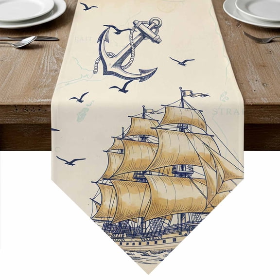 Blue Beige Nautical Table Runner Linen Burlap Table Runner 120 Inches Long Vintage Sailboat Anchor Coastal Retro Dresser Scarves for Kitchen Island Coffee Dining Room Party Holiday Decor 13"x120"