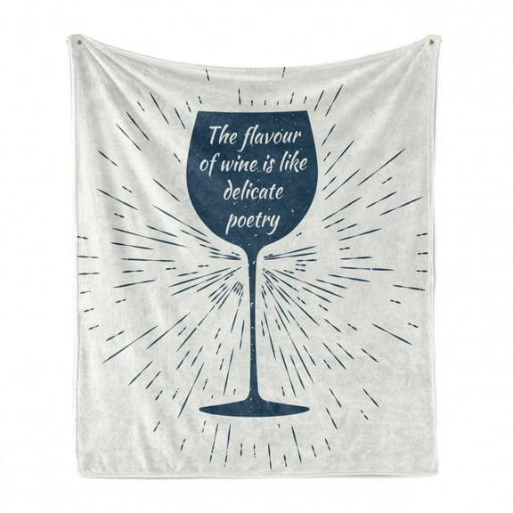 Wine Soft Flannel Fleece Blanket, Wine Glass and Vintage Sun Burst Frame the Flavor is Like Delicate Poetry Words, Cozy Plush for Indoor and Outdoor Use, 50" x 70", Night Blue White, by Ambesonne