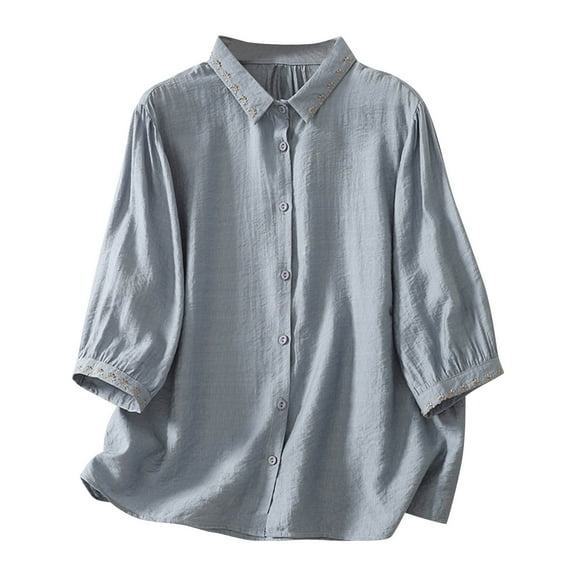 Yuanlook Women's Casual Shirts,3/4 Lenght Sleeve Collared Neck Button Down Blouse Business Work Tops Dressy Tees - Blue - L