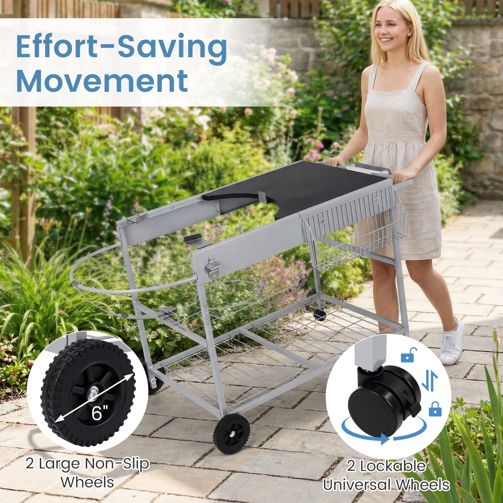 Costway Outdoor Grill Table for 18” & 22” Weber Original Kettle with Wire Rack, Garbage Can