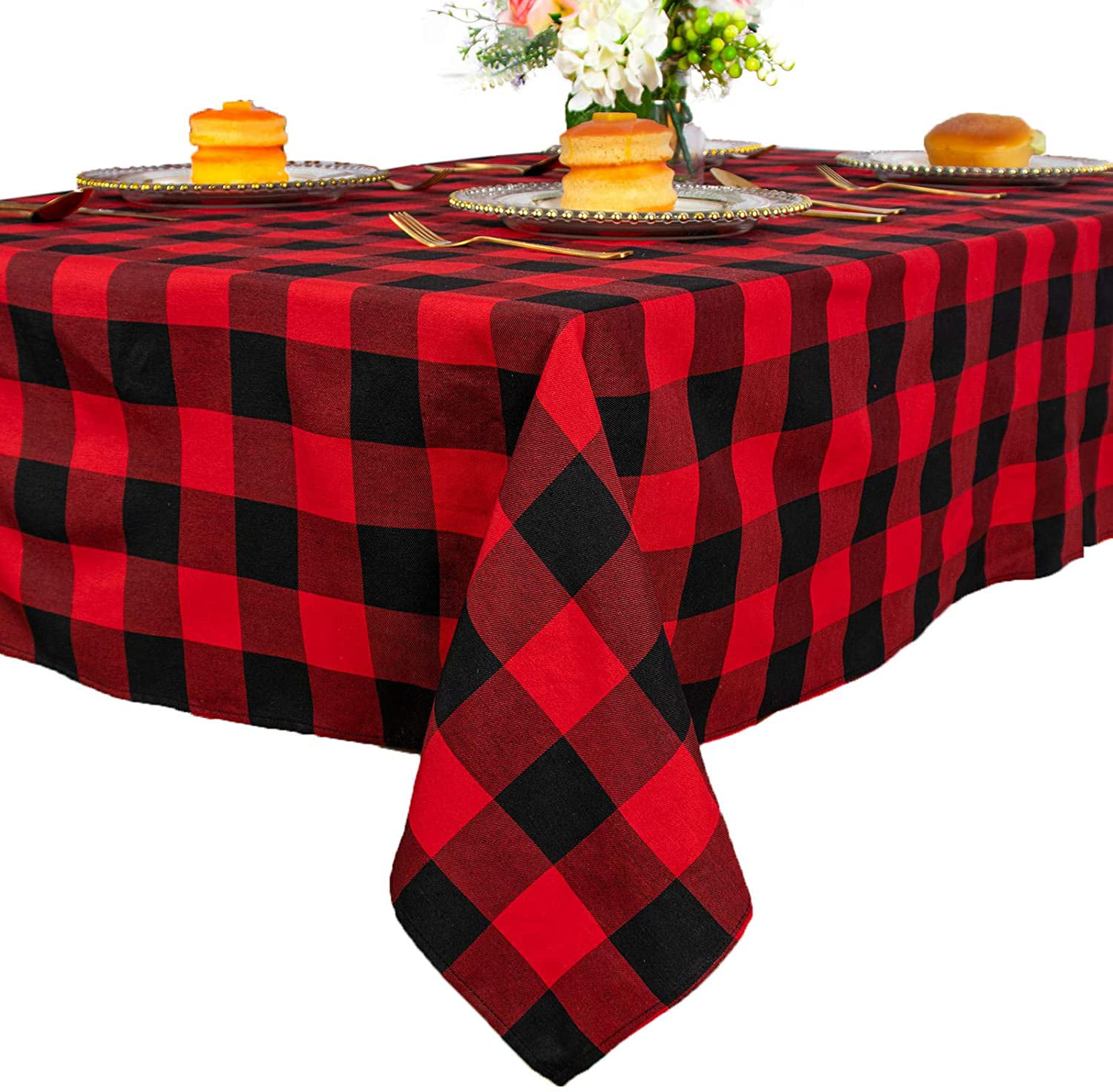 Red Black Checkered Round Tablecloth Cotton Linen Dining Table Cloth Party Decor