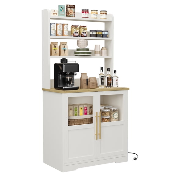 Farmhouse Bakers Rack & Cabinet with Glass Door,Kitchen Hutch Pantry Cabinet,Microwave Stand with Power Outlets,Coffee Bar Cabinet for Dining Room,Living Room﻿,Gray