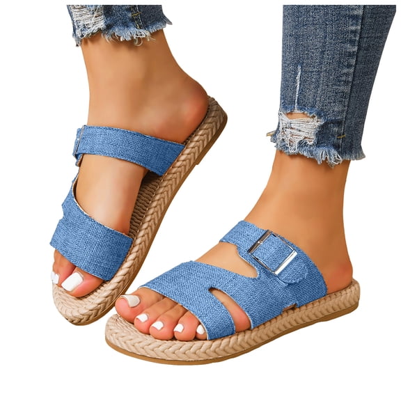 Women's Slip On Flat Sandals Breathable Open Toe Comfortable Slide Shoes Non Slip Buckle Strap Beach Sandal Gray Size 9.5