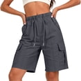 thumbnail image 5 of Bloomae Bermuda Shorts for Women Knee Length Casual Wide Leg Drawstring Elasitc High Waist Hiking Work Summer Cargo Shorts with Multi-Pockets, 5 of 8