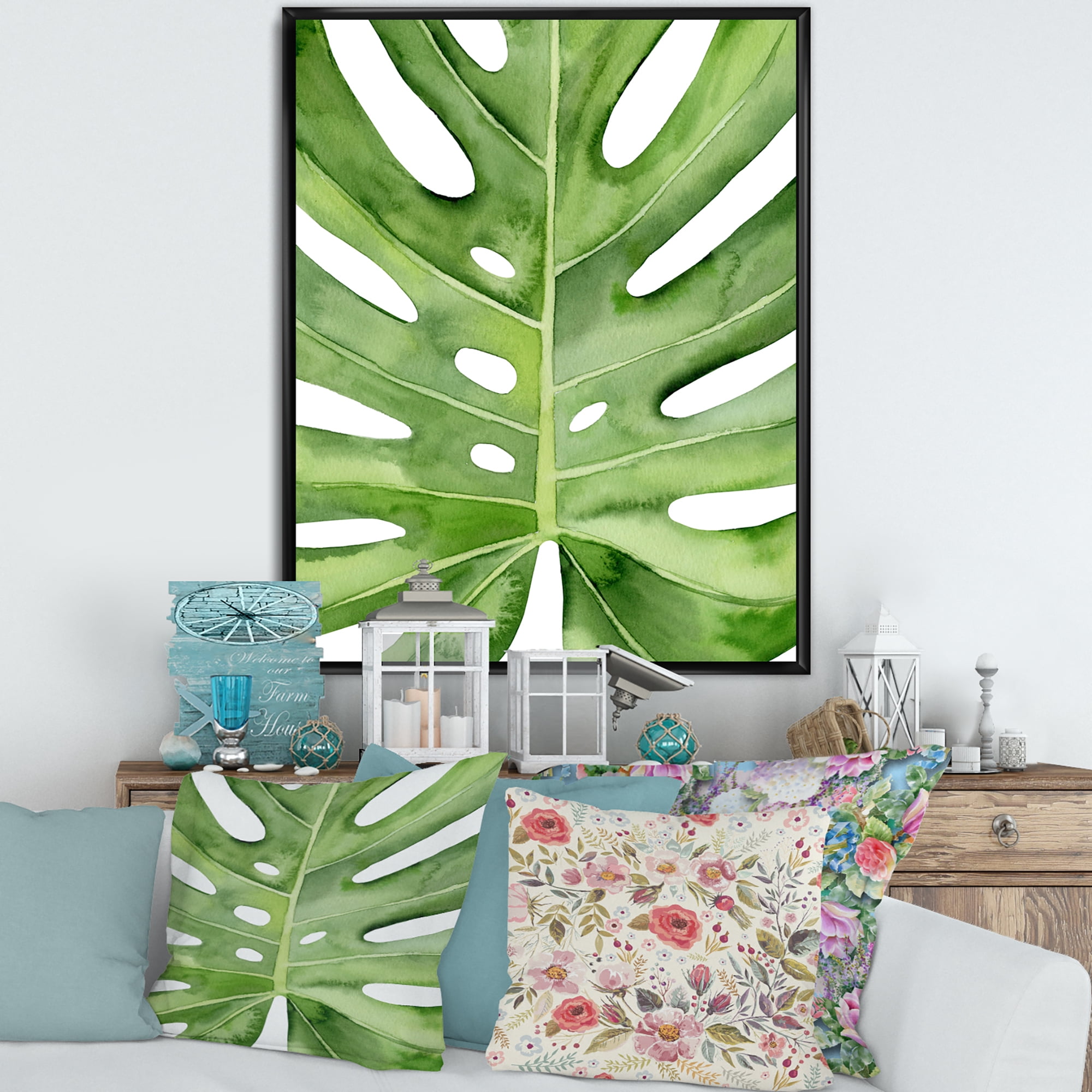 Designart 'Close Up Green Monstera Leaf Tropical Palm' Tropical Framed Canvas Wall Art Print