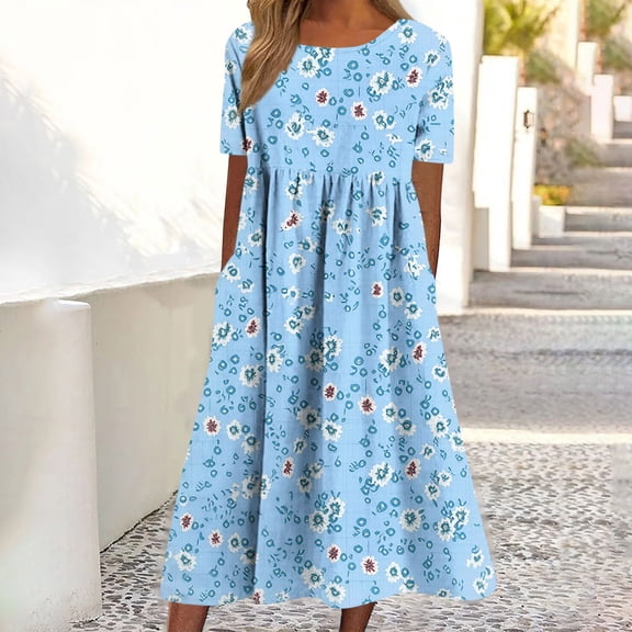DailyTrove Women Round Neck 3/4 Sleeve Mixed Small Floral Print Loose Side Pocket Flowy Midi Casual Dress