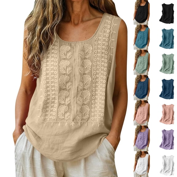 Luvrsol Womens Tops Solid Sleeveless Round-Neck Embroidered Loose-Fit Cotton-Linen Blouse, Size S-2XL