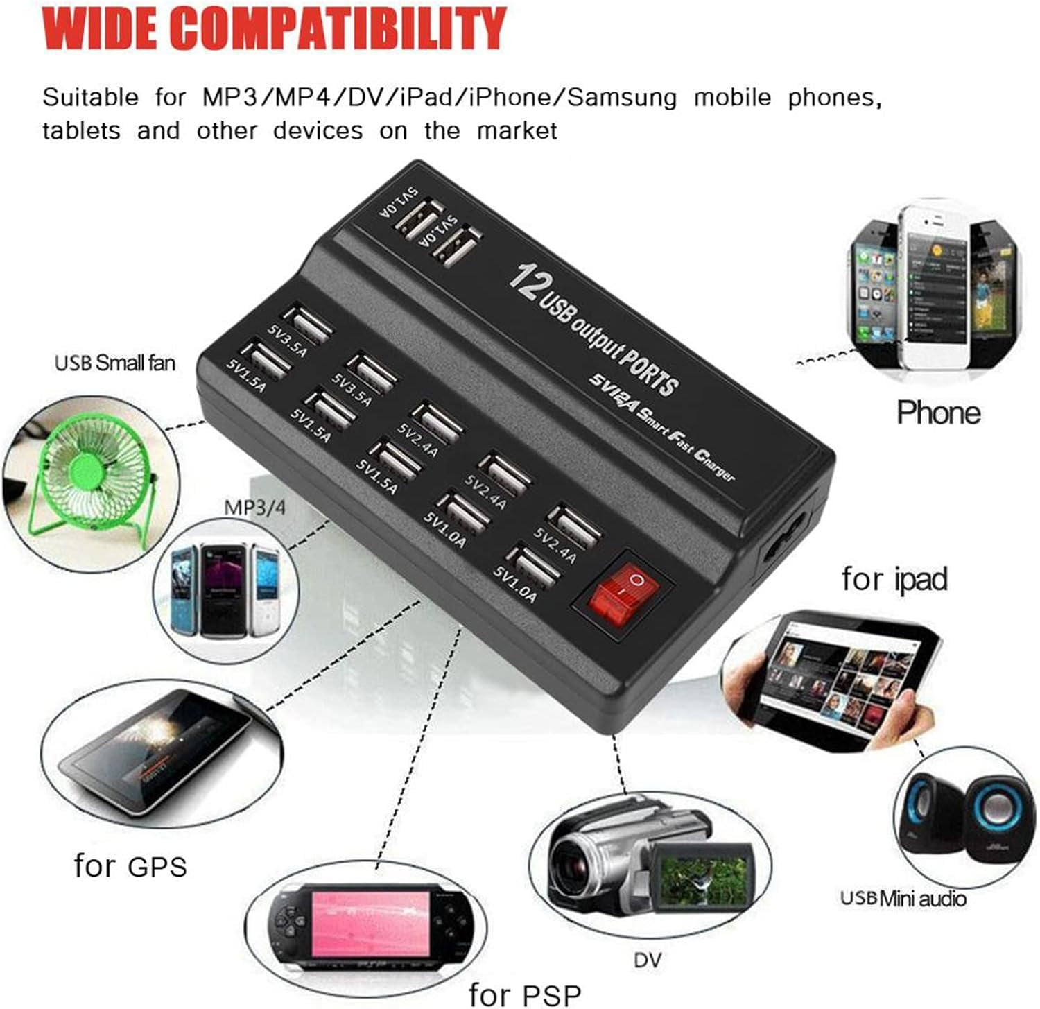 USB Charger 12 Port Charging Station for Multiple Devices with Smart Plug Charging Dock Compatible with iPhone Xs/XR, iPad, iPod, Laptops and Smartphones