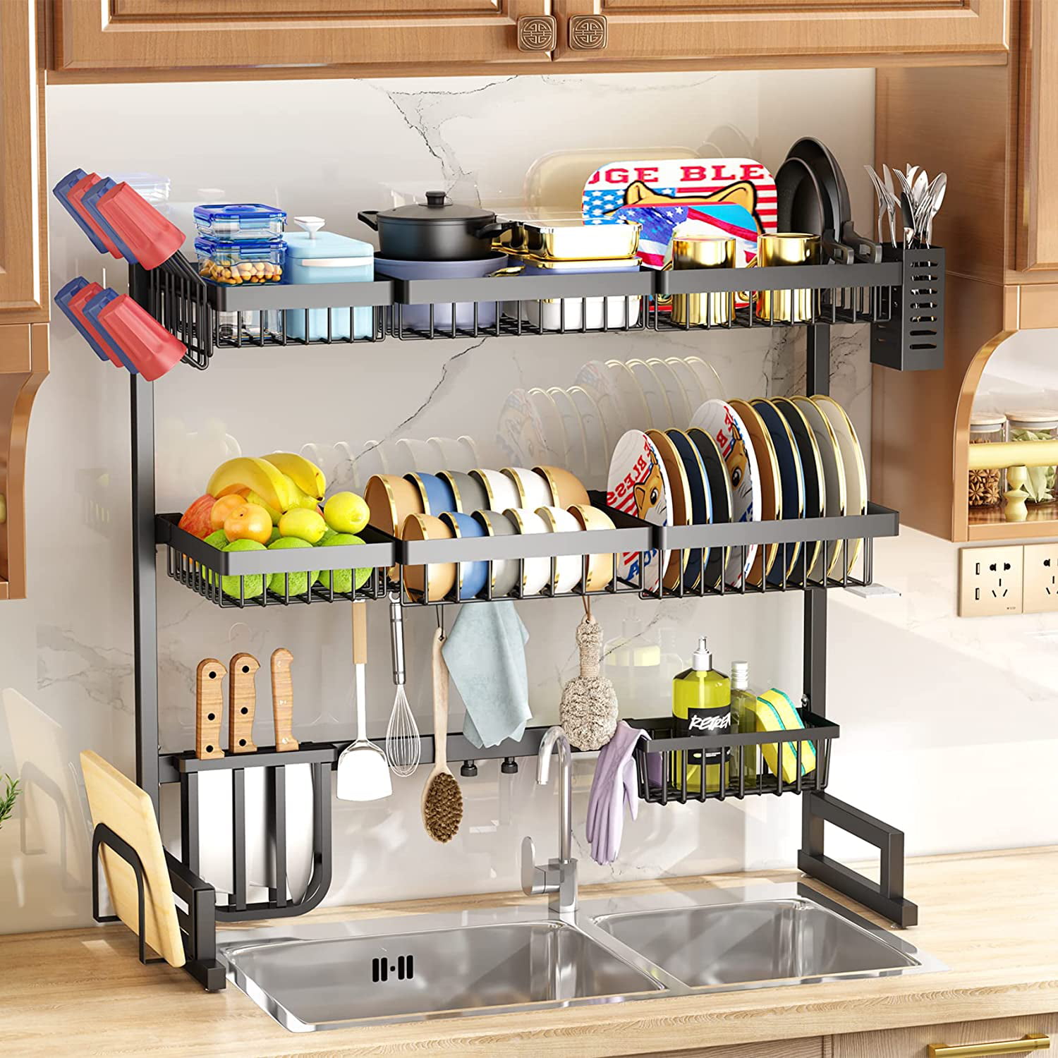 Over The Sink Dish Drying Rack, Width Adjustable (26.8 to 34.6) 2 Tier Dish  Rack Drainer for Kitchen Counter Organization and Storage, Utensil Sponge  Holder Sink Caddy Dryer Rack Black 