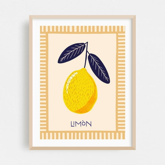 Summervibes - Limon - Illustration Lemon Fruit Kitchen Decor Botanical Modern Art Mediterranean Oak Framed Wall Art Print 8 x 10 inches