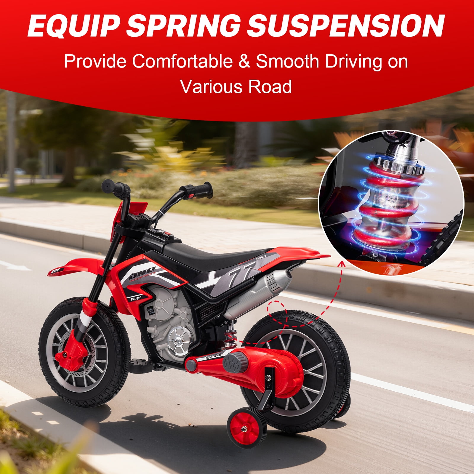 Mukidy 12V Electric Motorcycle for Kids Dirt Bike Ride on Toy Battery Powered Off-Road Motorbike w/ Training Wheels, Age 3-8 Year Old, Red