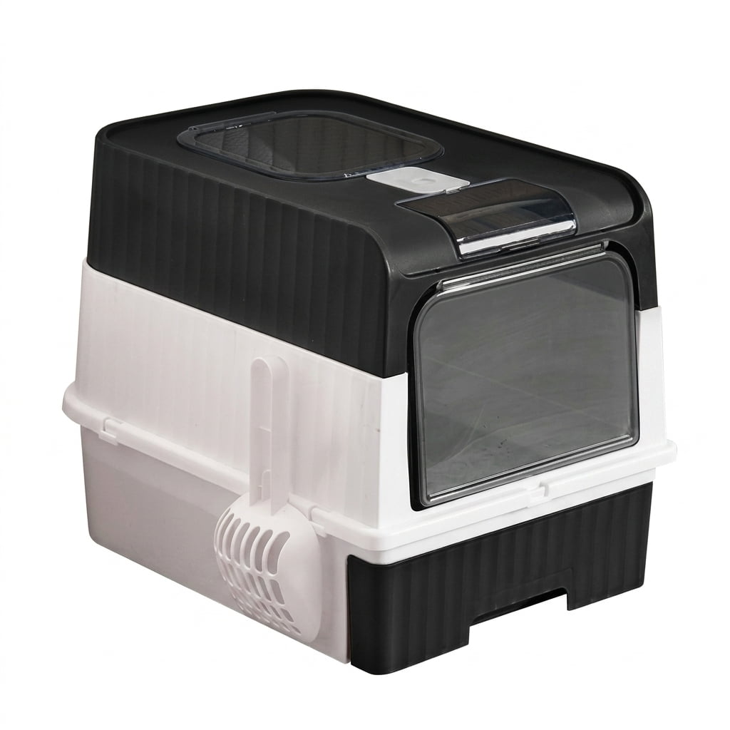 Litter Box With Lid - Fully Enclosed Cat Potty Anti-Splashing Toilet Self-Cleaning With Scoop Drawer Type Front Entry Top Exit
