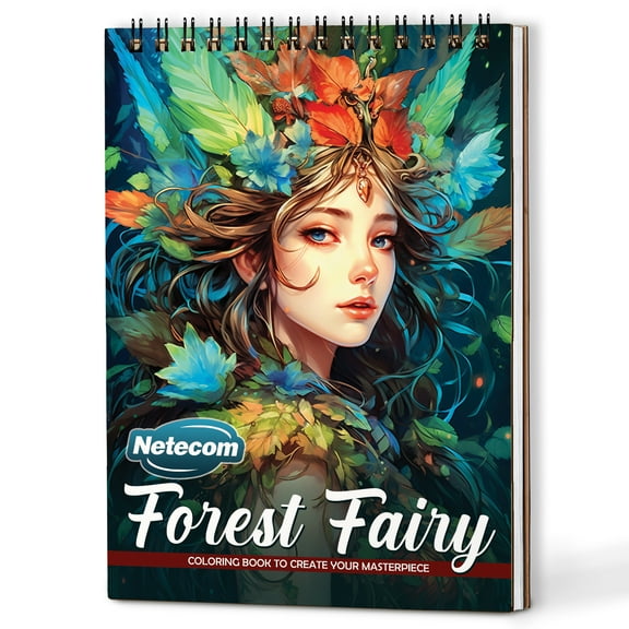 Netecom Forest Fairies Coloring Book Spiral Bound for Adults, A5 Wooden Cover, 30 Enchanting Coloring Pages of Mystic Nymphs in Woodland for Stress Relief and Relaxation