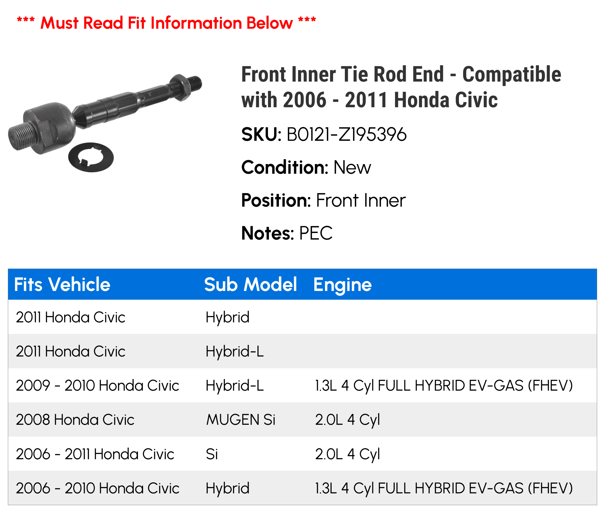 Front Inner Tie Rod End - Compatible with 2006 - 2011 Honda Civic 2007 2008 2009 2010