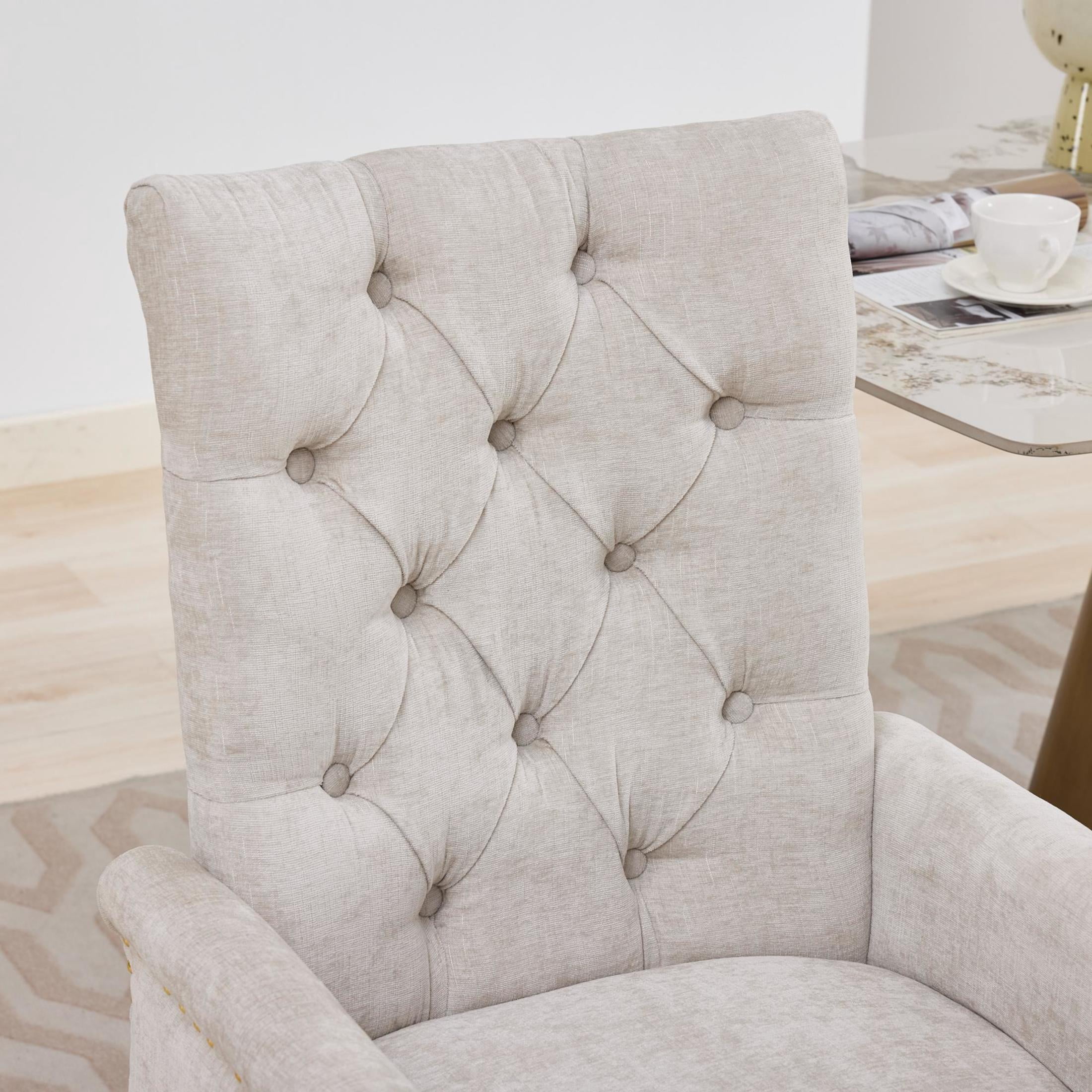 GDF Studio Upholstered Dining Chair with Button-Tufted Back, Nailhead Trim, Stainless Steel Legs, Beige