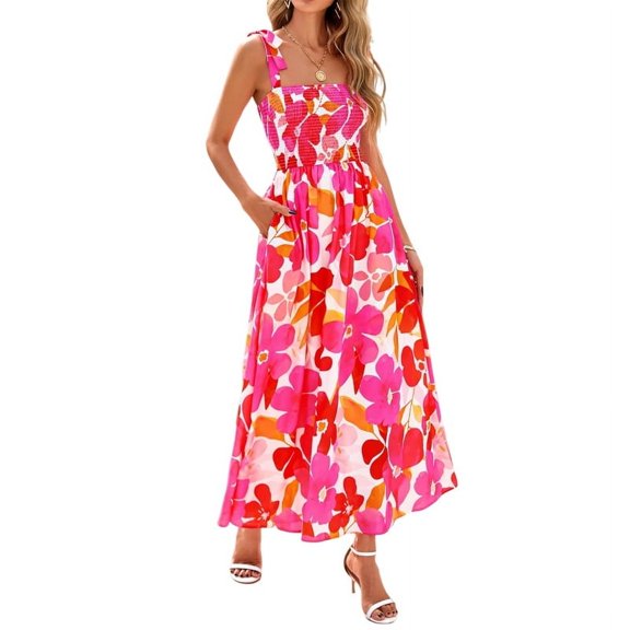 Womens Summer Dresses Floral Sleeveless Smocked Maxi Dress Boho Spaghetti Strap A Line Flowy Beach Long Sundress Pink S