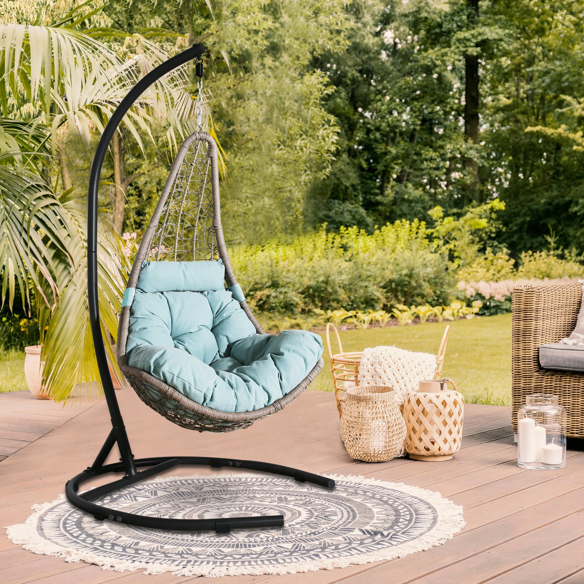 Ulax Furniture Indoor Outdoor Wicker Hanging Basket Swing Chair Hammock Moon Chair with Stand Blue