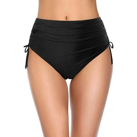 Rigardu Women s Mid Waist Bikini Bottoms - Full Coverage Swim Bathing Suit Bottom Side Tied Swimsuit Bottoms Women High Waisted Bikini Bottoms Full Coverage Swim Bottom Tummy Swimsuit Bottom Black S