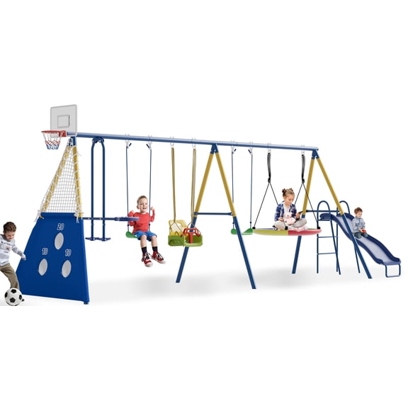 SENCHO GINSYTALIOR Swing Set for Kids Outdoor Swing Sets Heavy-Duty Metal Swing Set with Trampoline Backyard Swing Set Holds Up to 440lbs for Ages 3-8