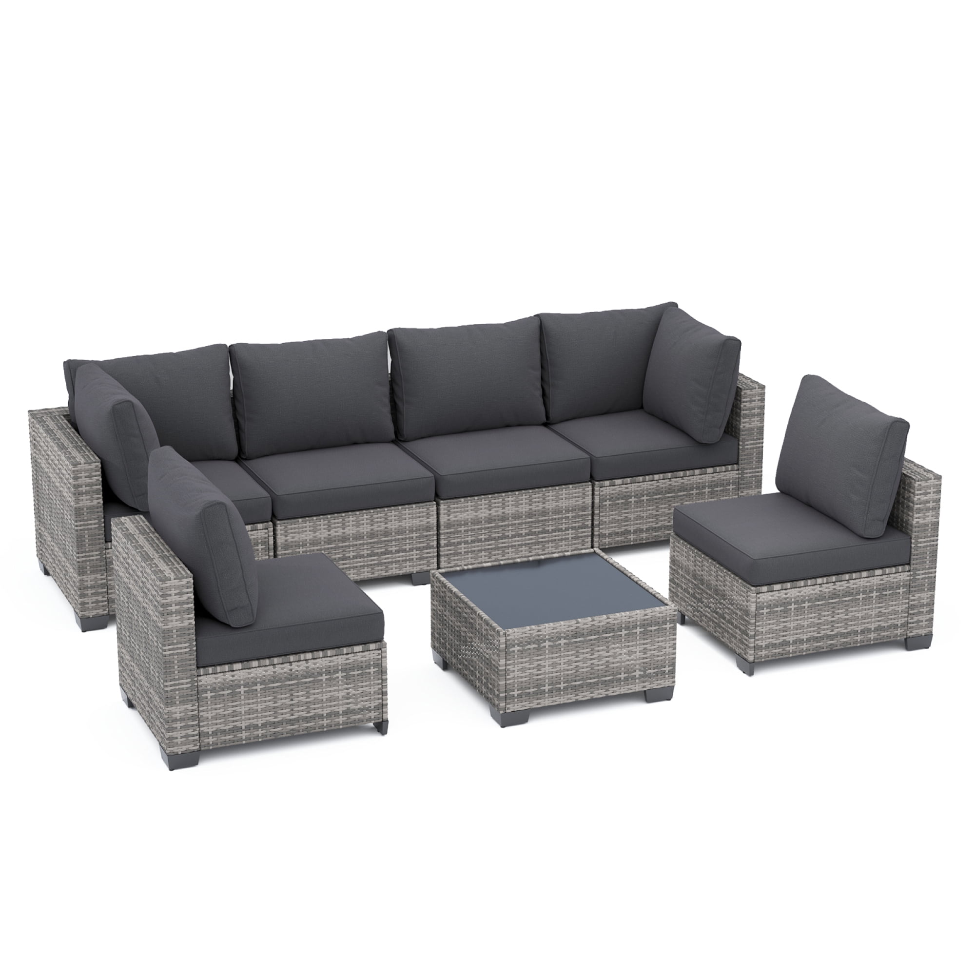7-Piece Patio Furniture Set with Glass Coffee Table, All-Weather Wicker Rattan Outdoor Sectional Sofa with Thick Cushions, Modular Patio Conversation Set for Backyard, Poolside & Garden