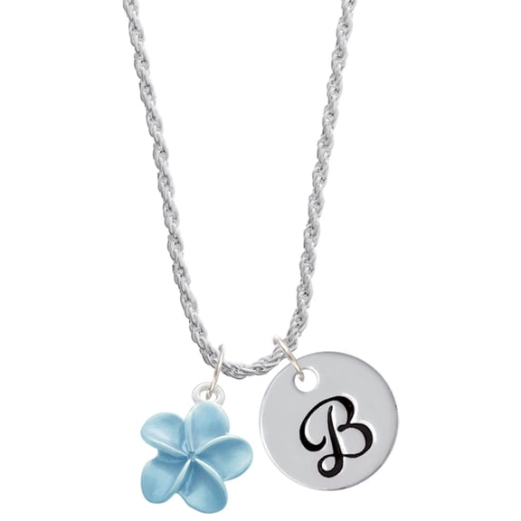 Delight Jewelry Silvertone Blue Plumeria Flower Silvertone Script Initial Disc - B - Charm Necklace, 20"+3"
