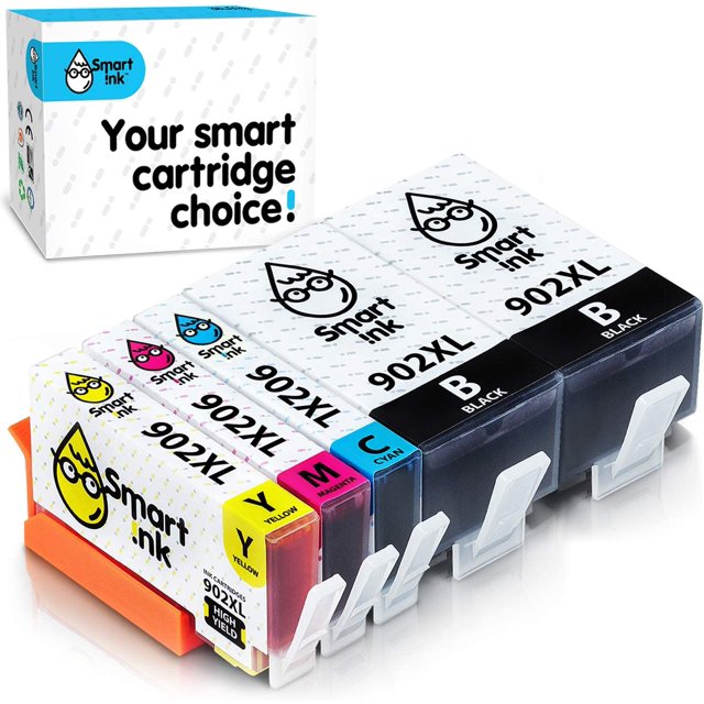 Cartouche de Remplacement compatible Smart Ink pour HP 902 XL 902XL, Lot de 5 Cartouches d'Encre à Haut Rendement en Noir, cyan, magenta et Jaune. les Cartouches s'Affichent en Rangée avec des Étiquettes Claires et une Boîte de Marque en Arrière-Plan.