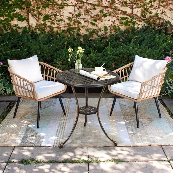 24 Inch Round  Bistro Table with Umbrella Hole Rustic Brown Outdoor Cast Aluminum Side Table