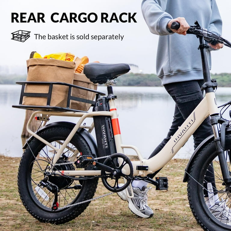 Off White Electric Bike 20 Fat Tire Step Thru Electric Bicycle 900W Peak Motor 45 Miles 20MPH Top Speed Dual Suspension 7 Speed Folding Ebike
