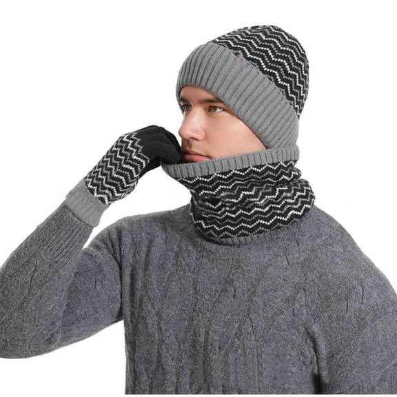 3 Pieces Winter Hats for Men Women Scarf Touch Screen Gloves Set Men's Stripe Winter Woolen Hat Set Color Blocked Knitted Hat Scarf Glove Dark Gray