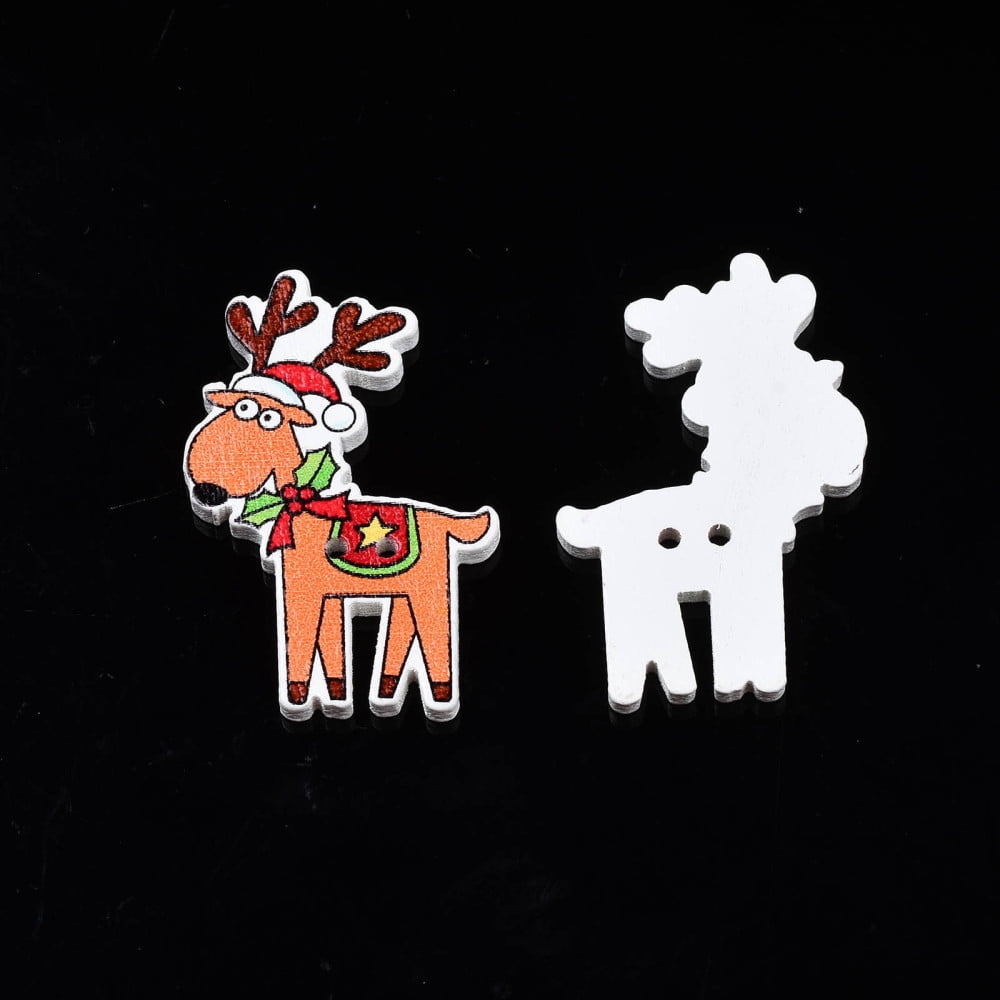 1000pcs Christmas 2-Hole Spray Painted Maple Wooden Buttons Single-Sided Printed Christmas Reindeer/Stag Sandy Brown 40x25.5x2mm Hole: 1.6mm