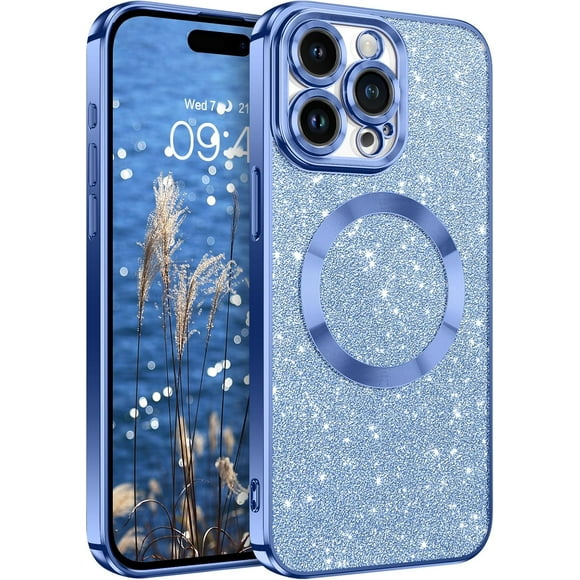 TRAHOO-for iPhone 15 Pro Max Case, Phone Case for iPhone 15 Pro Max, Cute Glitter Luxury Bling Support Magsafe Cover Shockproof Full Body Camera Protection Phone Case for iPhone 15 Pro Max, Blue